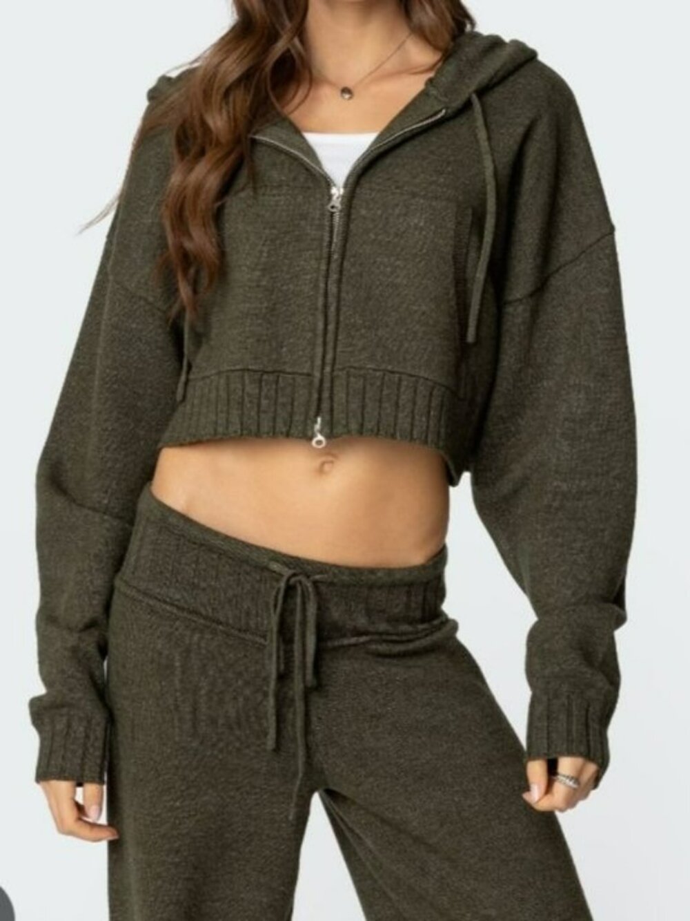 Edikted Cropped Olive Green Knit Hoodie Drawstring & Zipper Closure Size Small